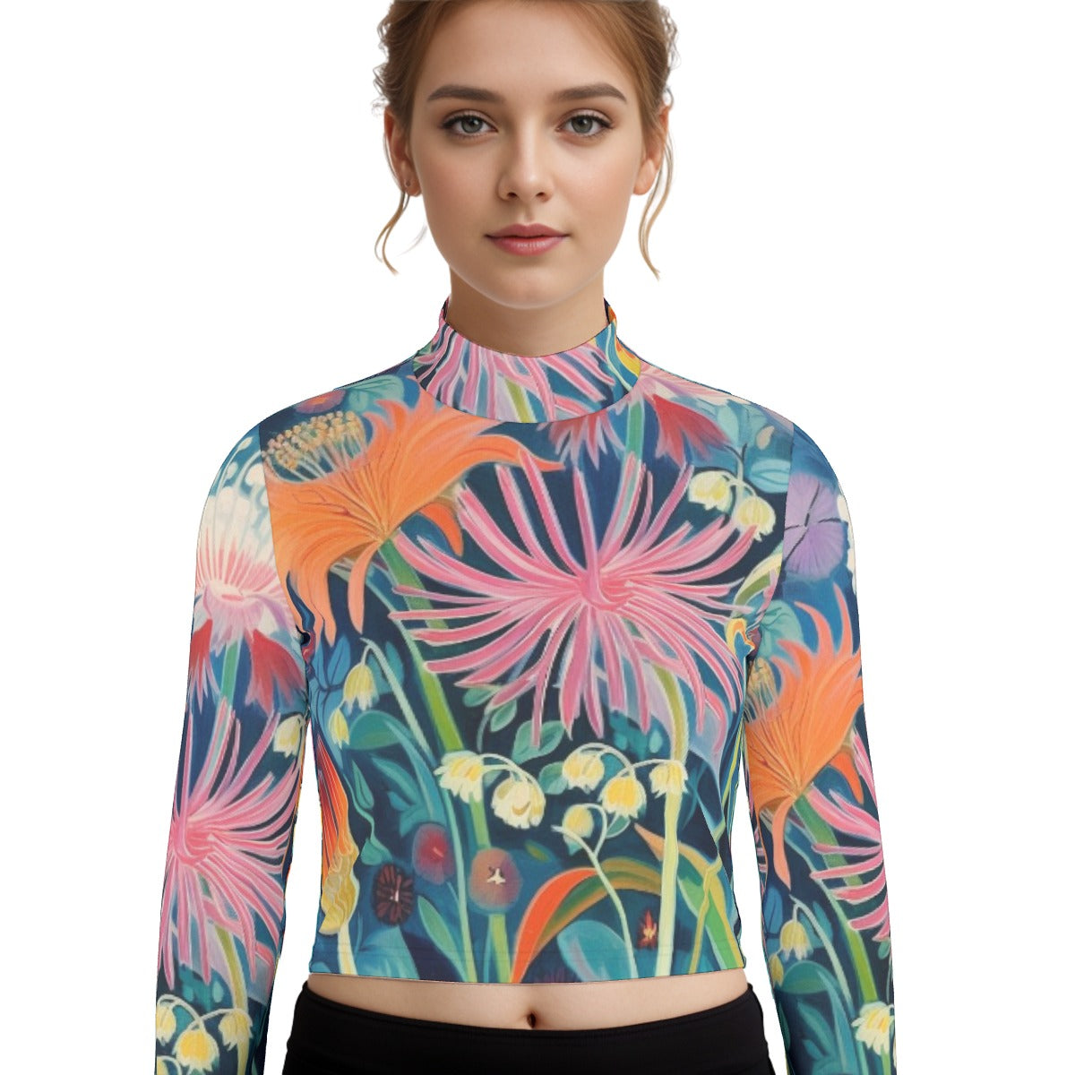 Eco-Friendly All-Over Print Women's Turtleneck T-shirt With Long Sleeve