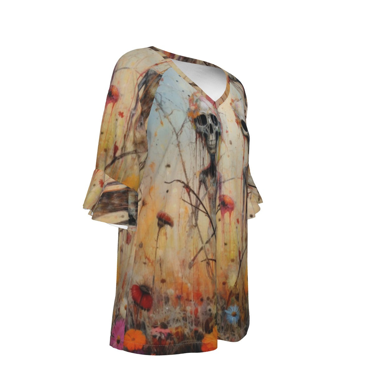 All-Over Print V-neck Women's T-shirt With Bell Sleeve