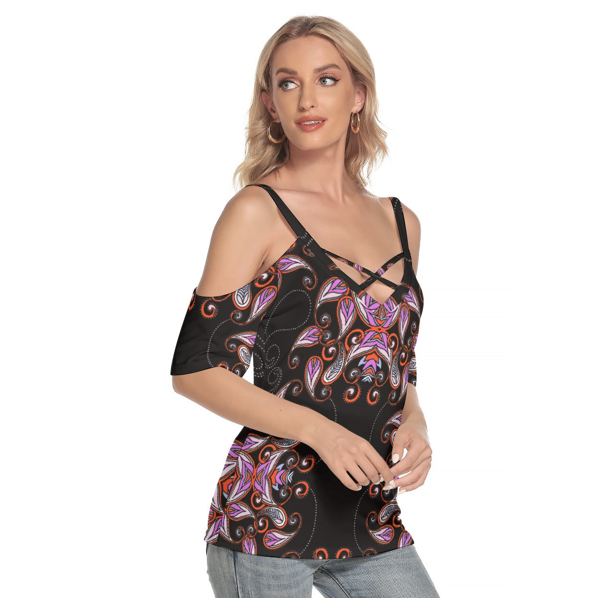 All-Over Print Women's Cold Shoulder T-shirt With Criss Cross Strips