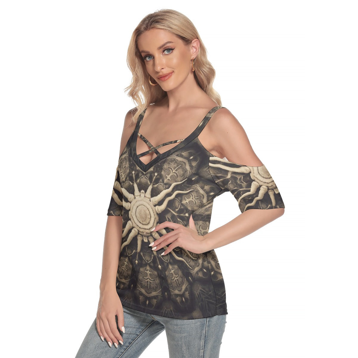 All-Over Print Women's Cold Shoulder T-shirt With Criss Cross Strips