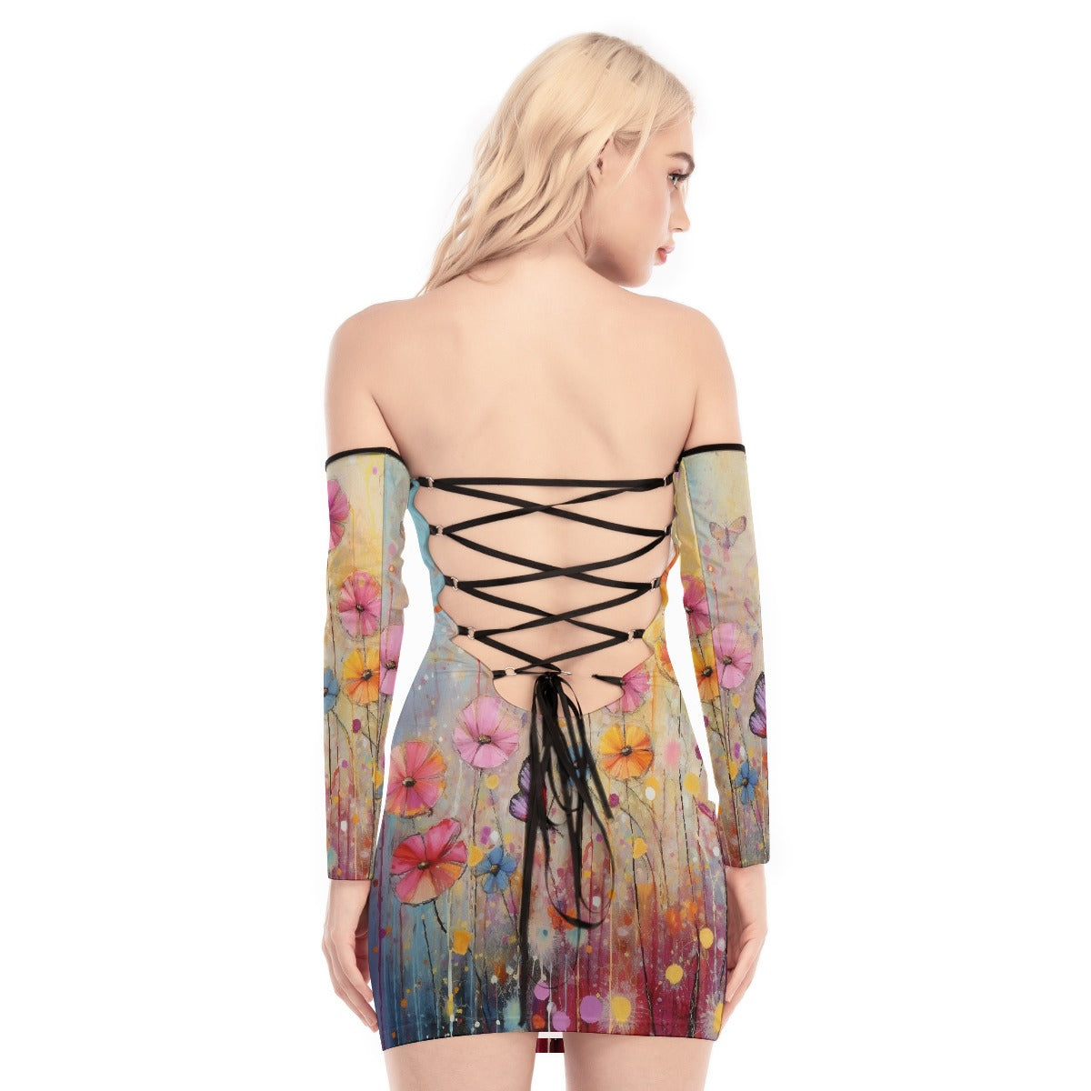 All-Over Print Women's Off-shoulder Back Lace-up Dress