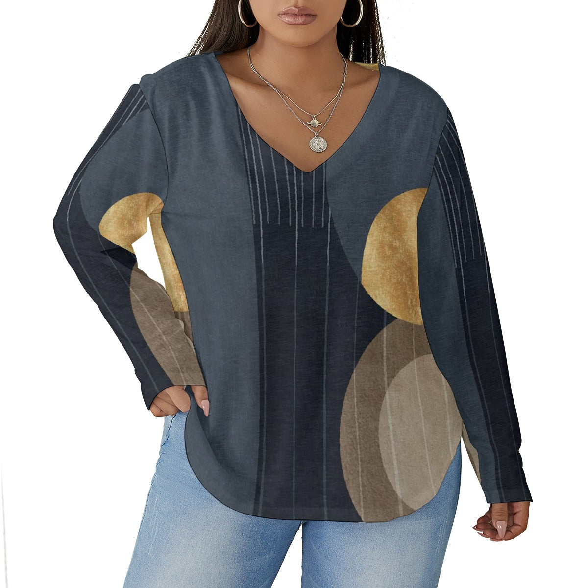 All-Over Print Women's V-neck T-shirt With Curved Hem(Plus Size)