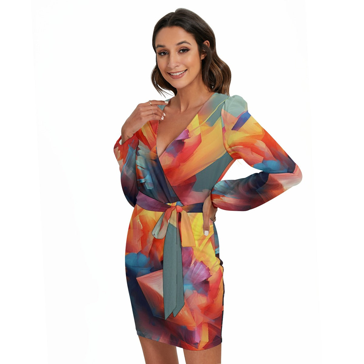 All-Over Print Women's Long Sleeve Dress With Waist Belt