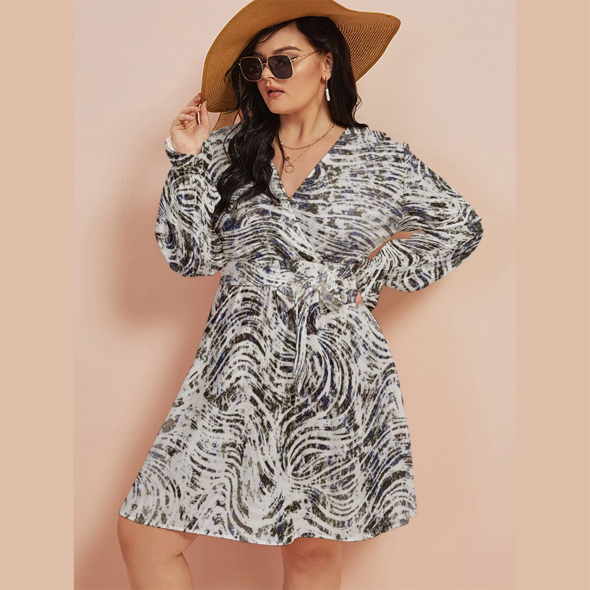 All-Over Print Women's V-neck Dress With Waistband(Plus Size)