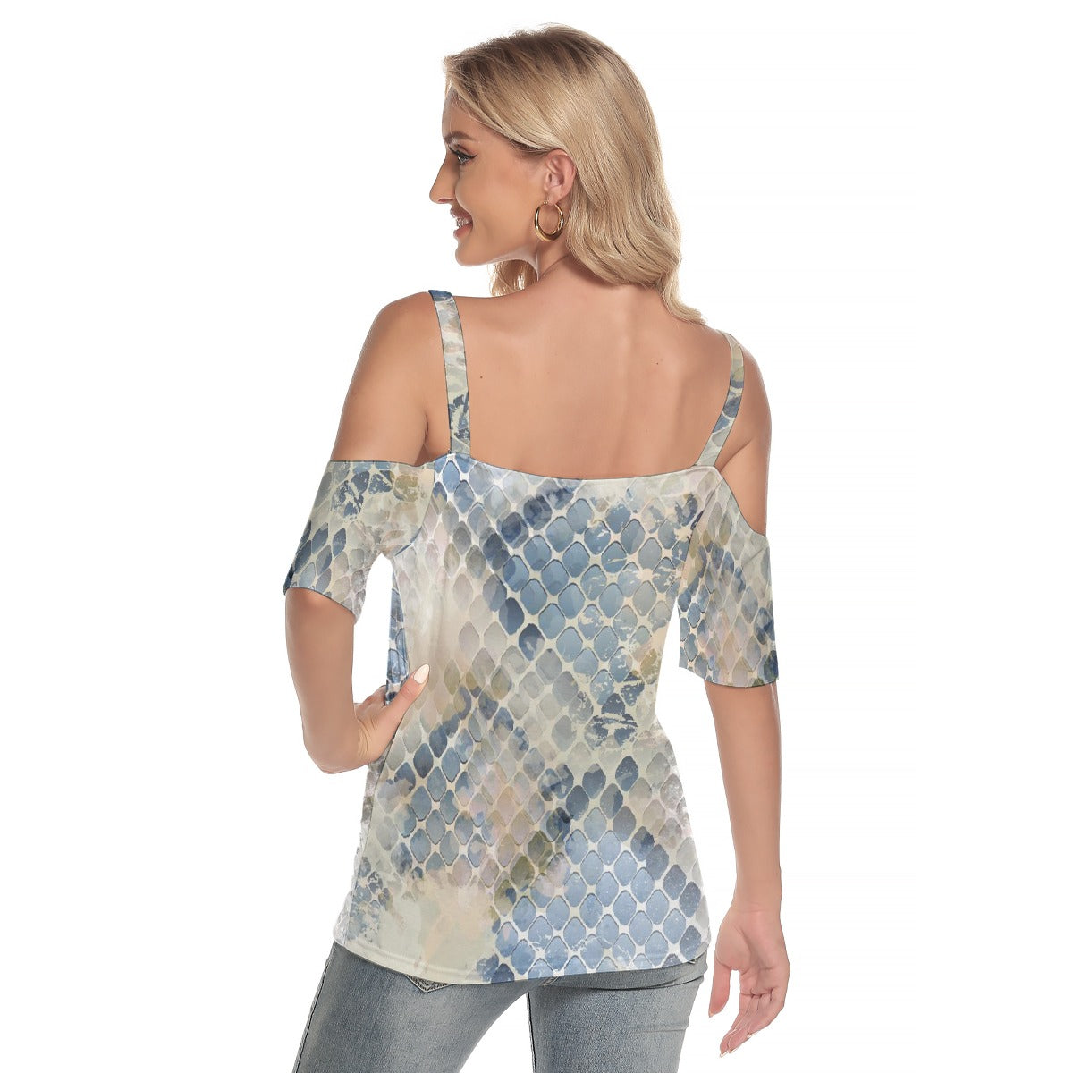 All-Over Print Women's Cold Shoulder T-shirt With Criss Cross Strips