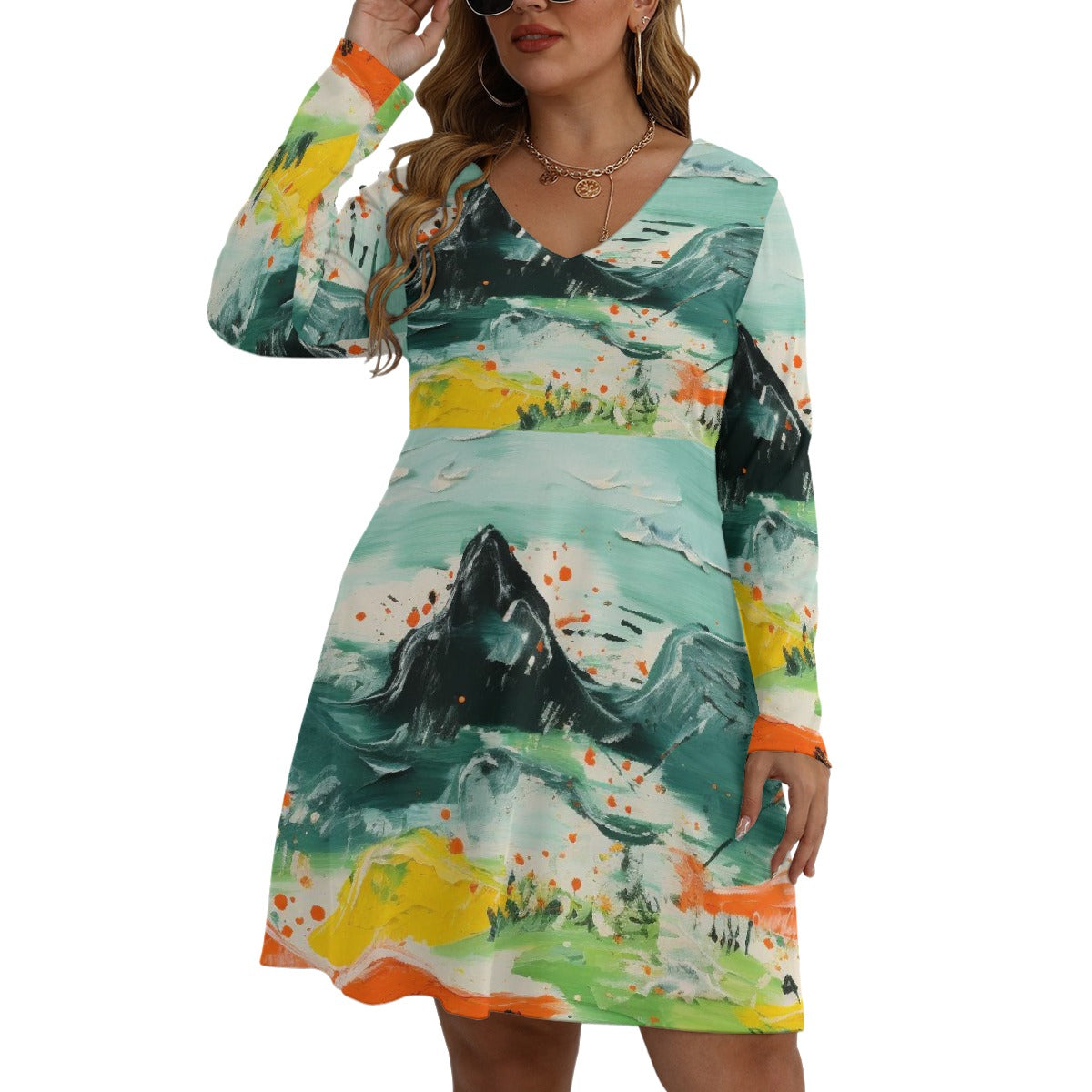 All-Over Print Women's V-neck Long Sleeve Dress(Plus Size)