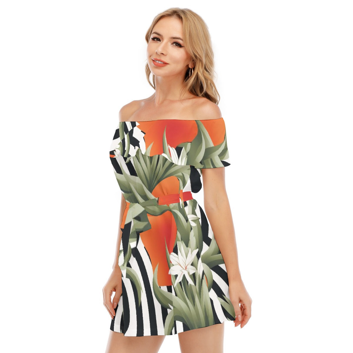 All-Over Print Women's Off-shoulder Dress With Ruffle