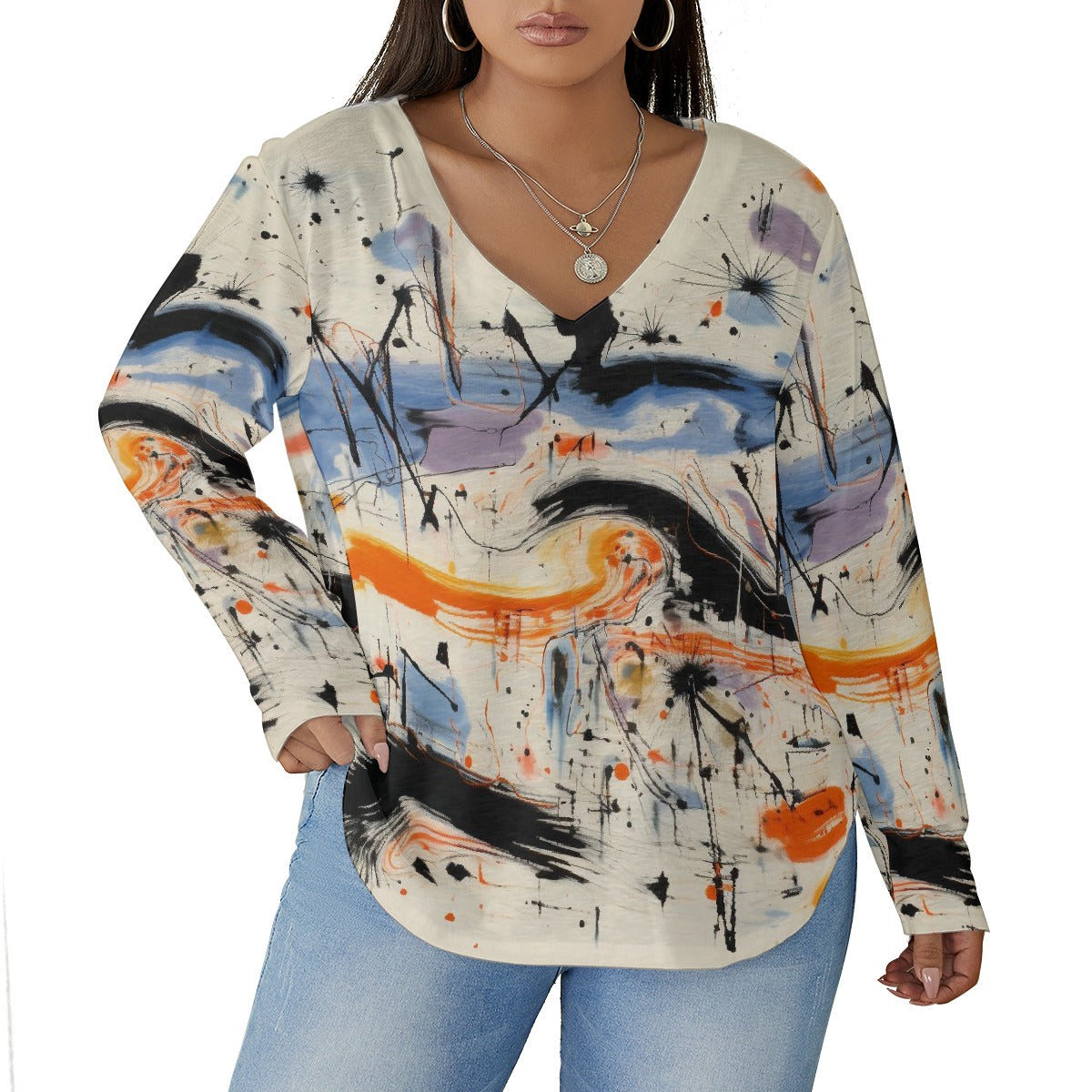 All-Over Print Women's V-neck T-shirt With Curved Hem(Plus Size)