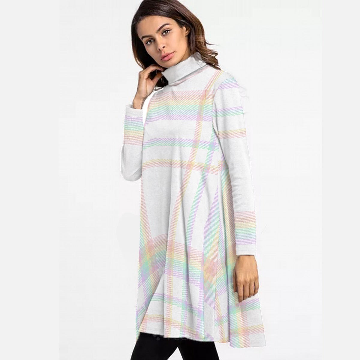 All-Over Print Women's High Neck Dress With Long Sleeve