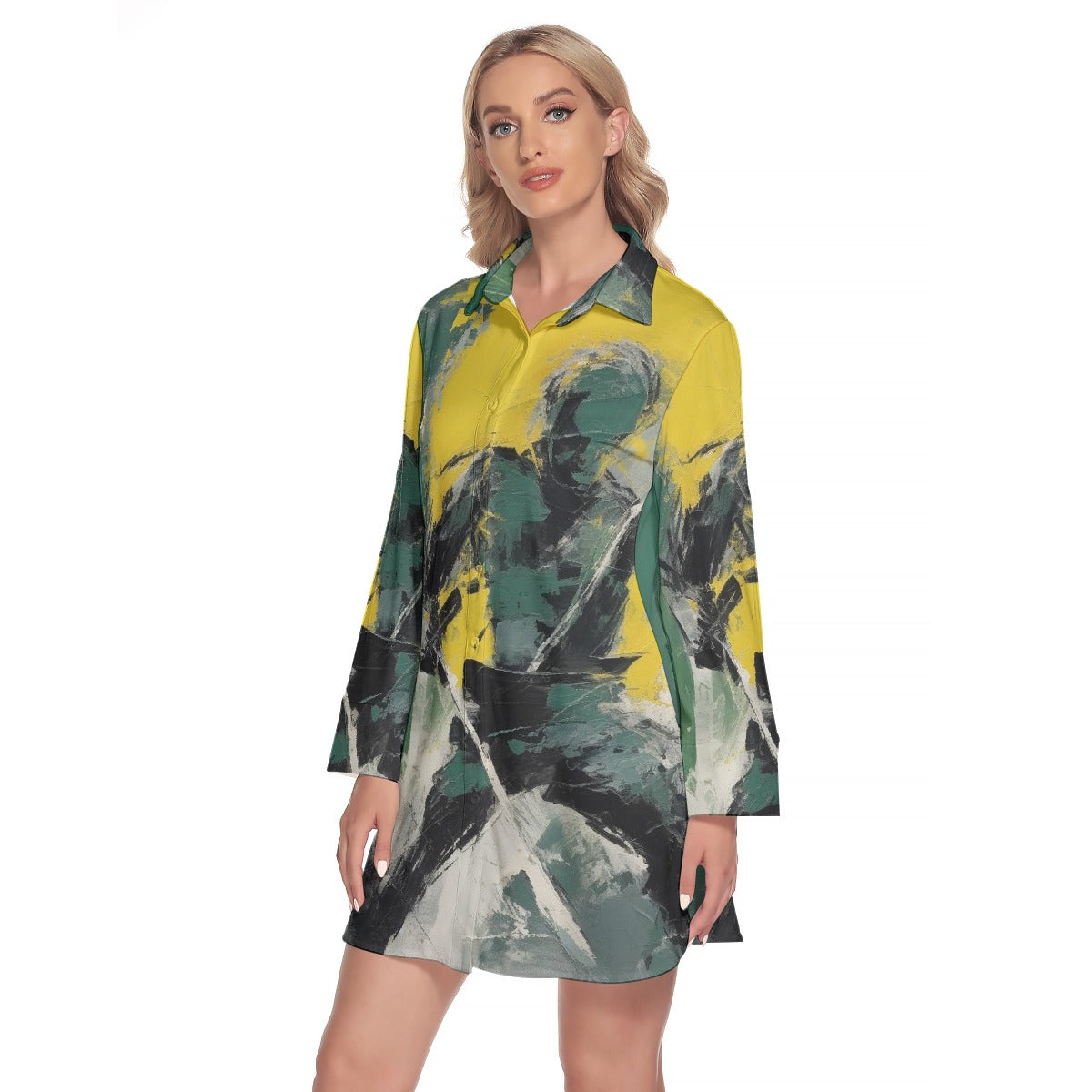 All-Over Print Women's Lapel Shirt Dress With Long Sleeve