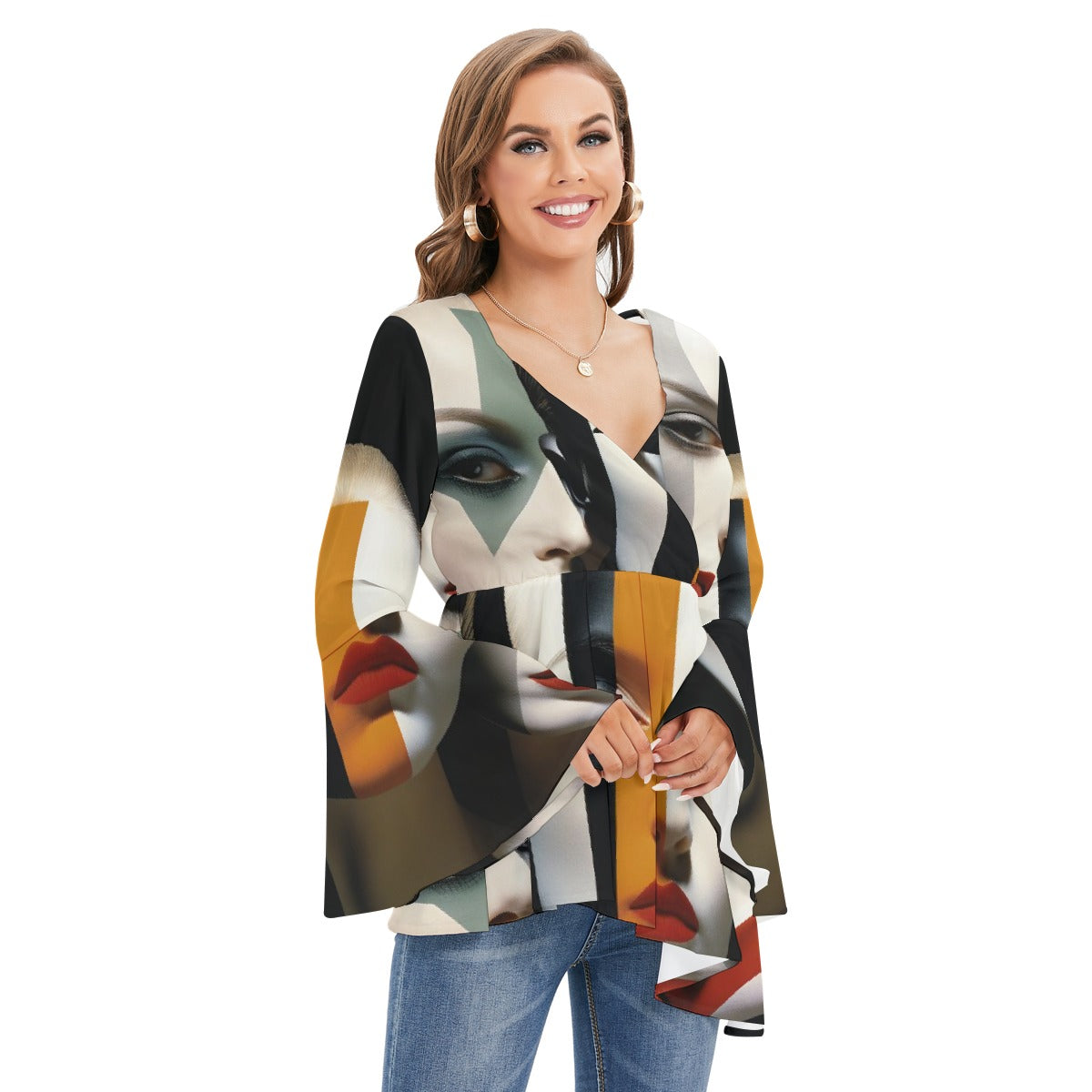 All-Over Print Women's V-neck Blouse With Flared Sleeves