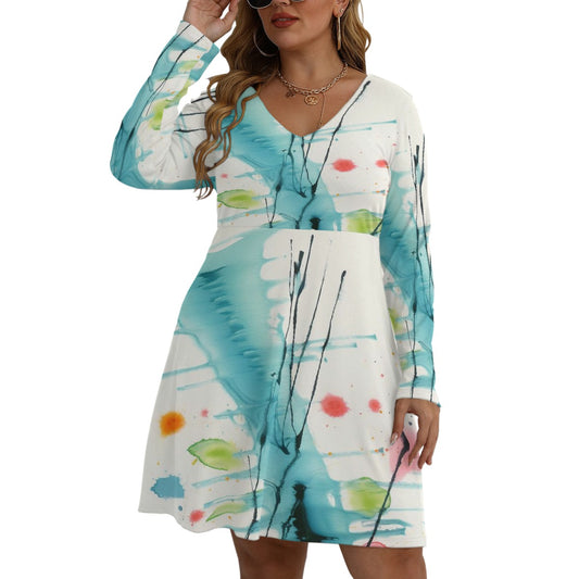 All-Over Print Women's V-neck Long Sleeve Dress(Plus Size)