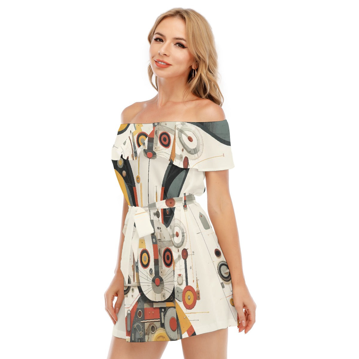 All-Over Print Women's Off-shoulder Dress With Ruffle