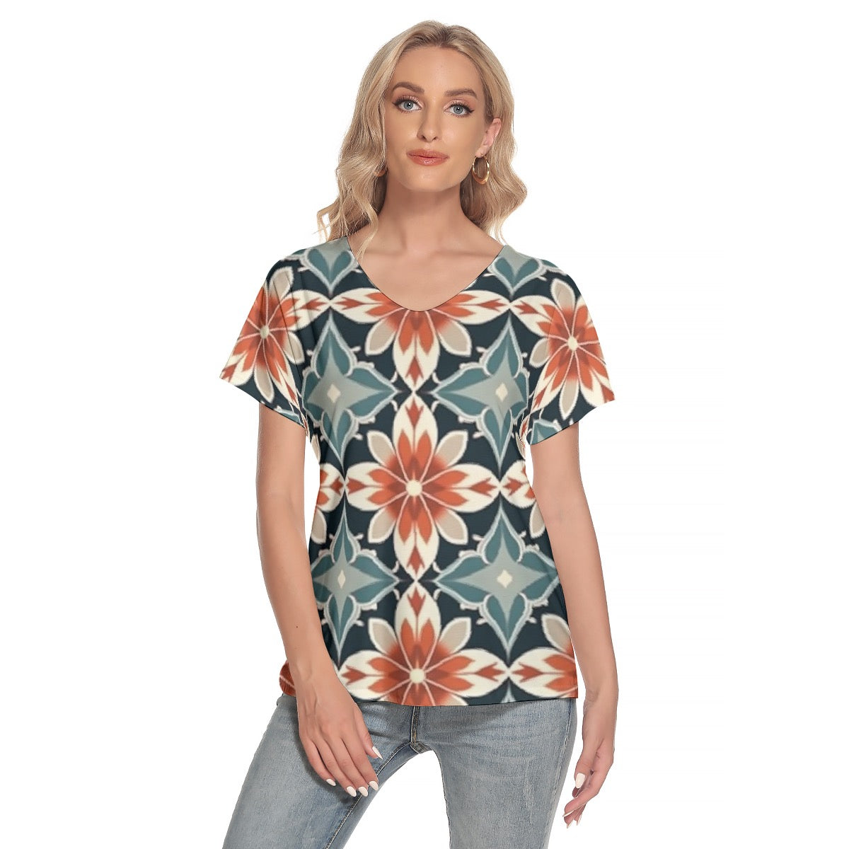 All-Over Print Women's Loose V-neck Short Sleeve T-shirt