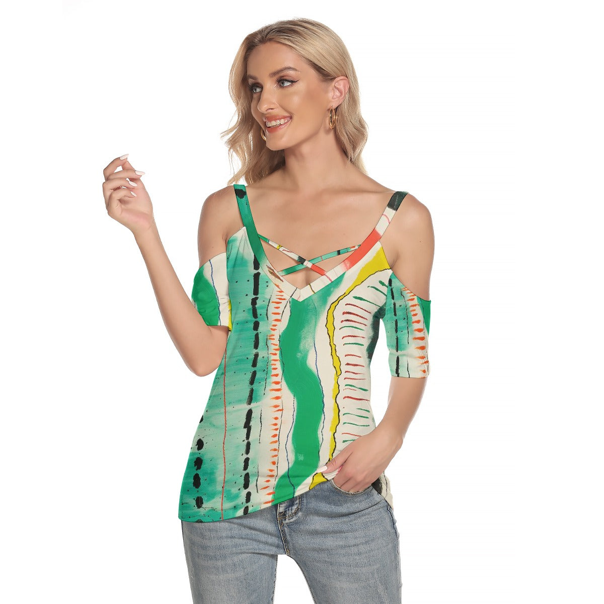 All-Over Print Women's Cold Shoulder T-shirt With Criss Cross Strips