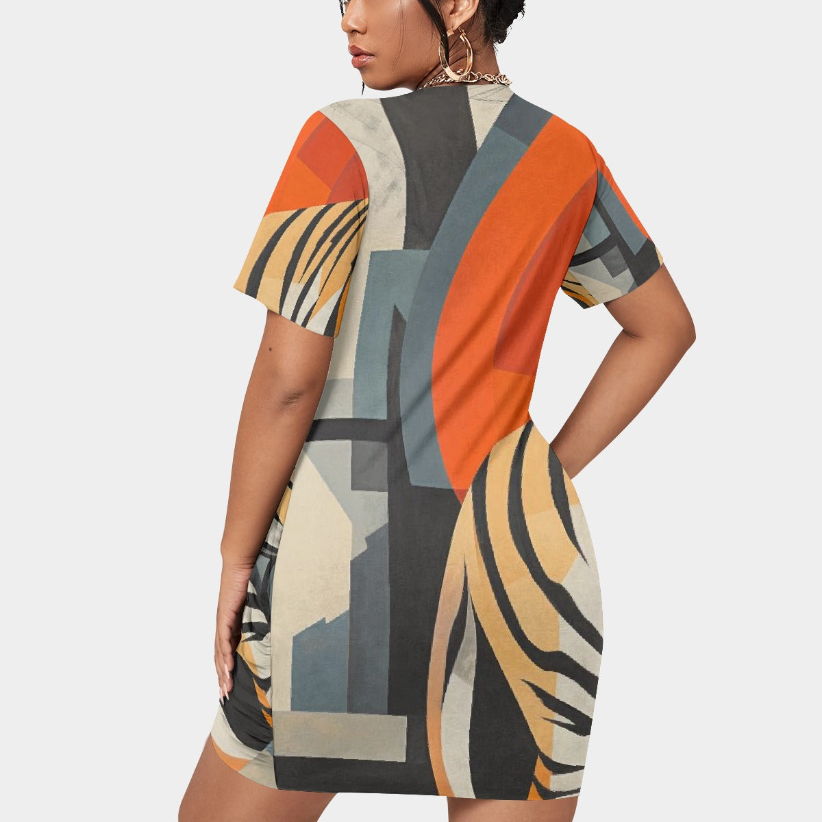 All-Over Print Women’s Stacked Hem Dress With Short Sleeve（Plus Size）