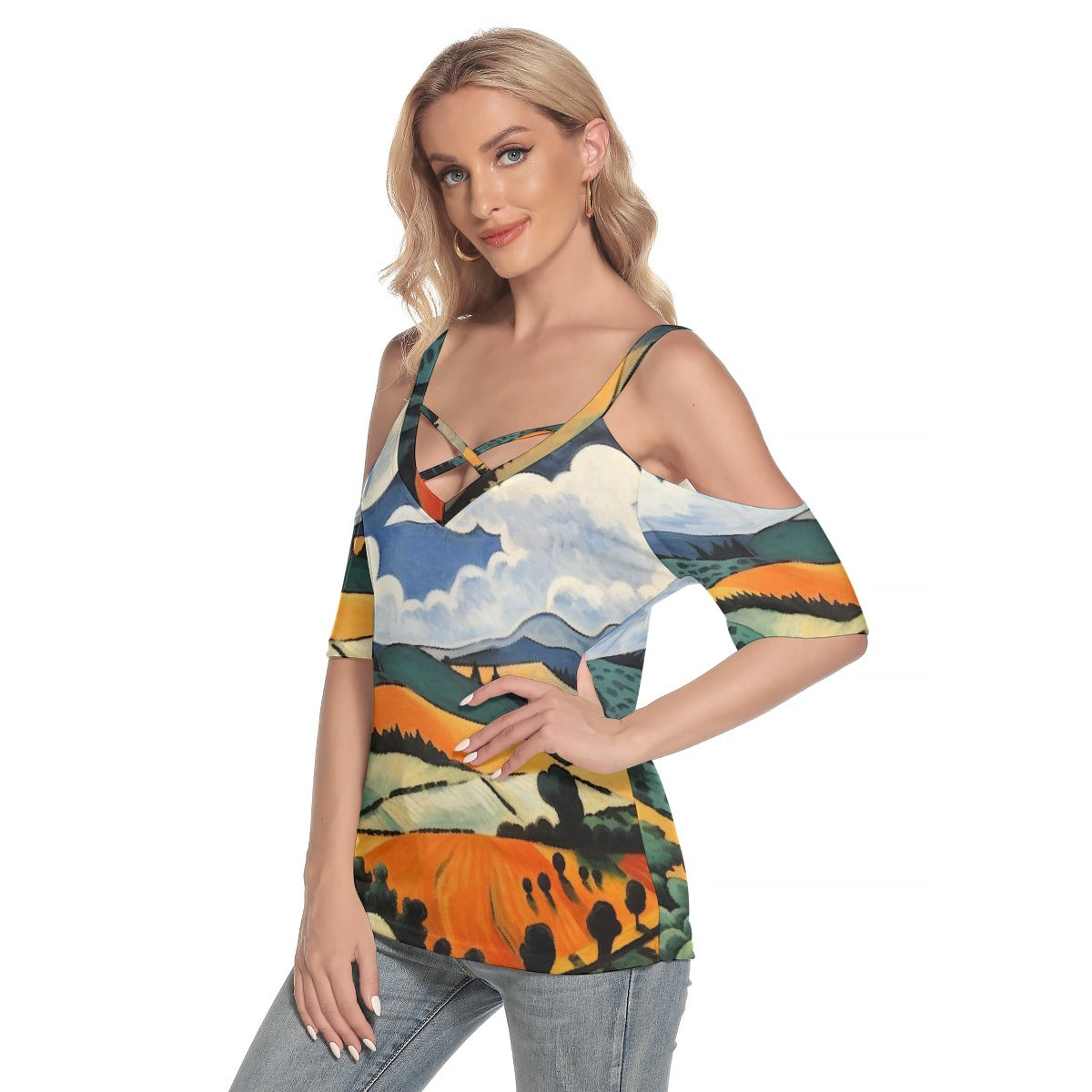 All-Over Print Women's Cold Shoulder T-shirt With Criss Cross Strips