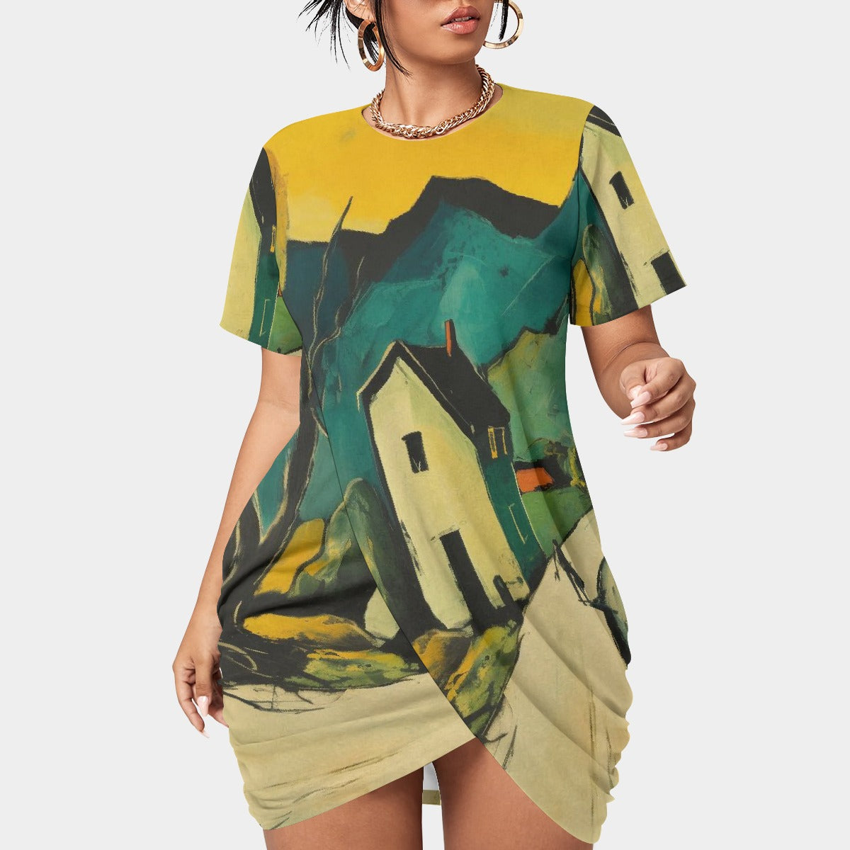 All-Over Print Women’s Stacked Hem Dress With Short Sleeve（Plus Size）