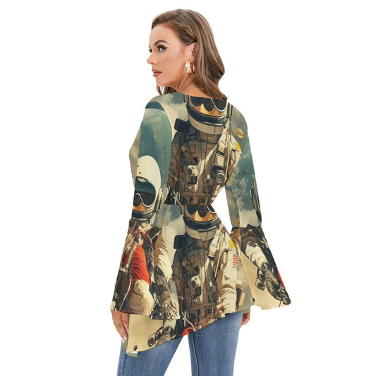 All-Over Print Women's V-neck Blouse With Flared Sleeves