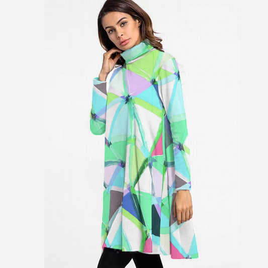 All-Over Print Women's High Neck Dress With Long Sleeve