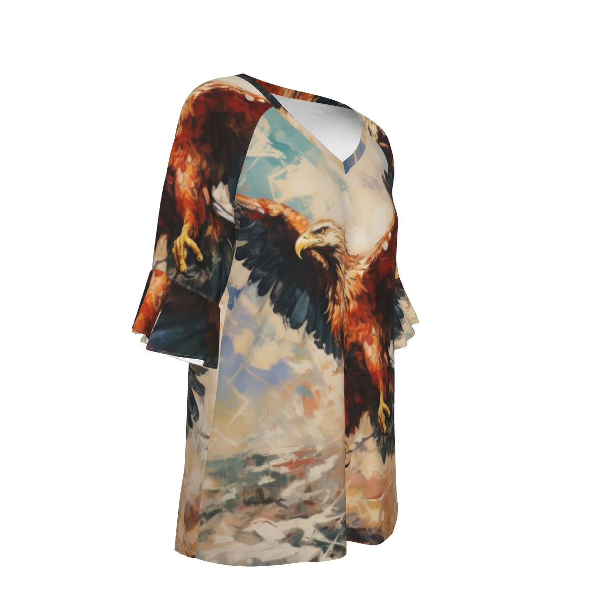 All-Over Print V-neck Women's T-shirt With Bell Sleeve