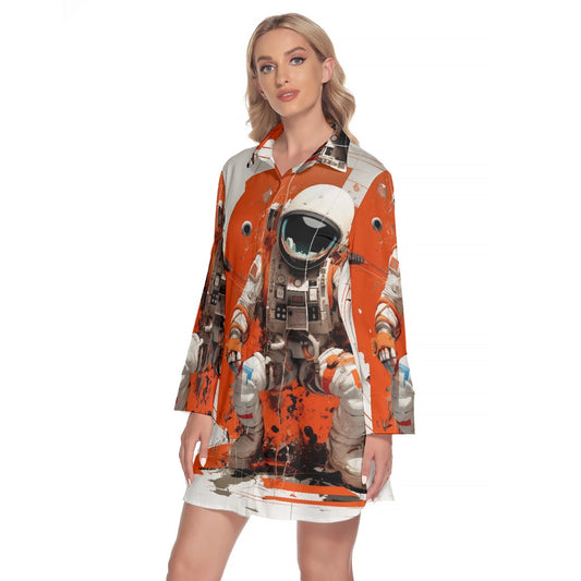 All-Over Print Women's Lapel Shirt Dress With Long Sleeve