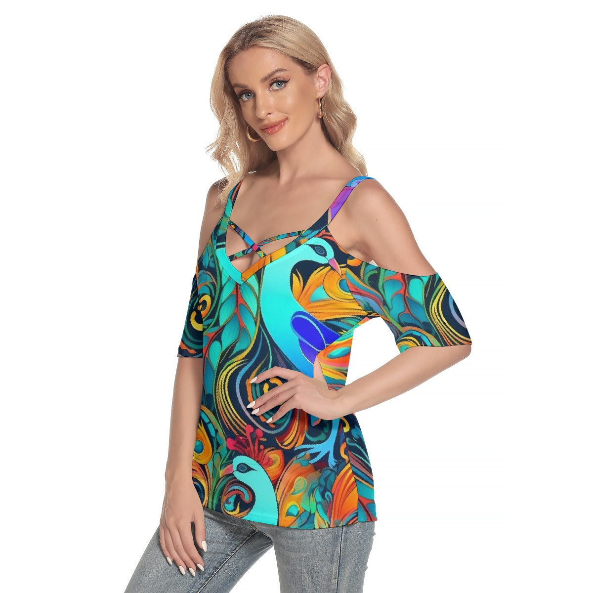 All-Over Print Women's Cold Shoulder T-shirt With Criss Cross Strips