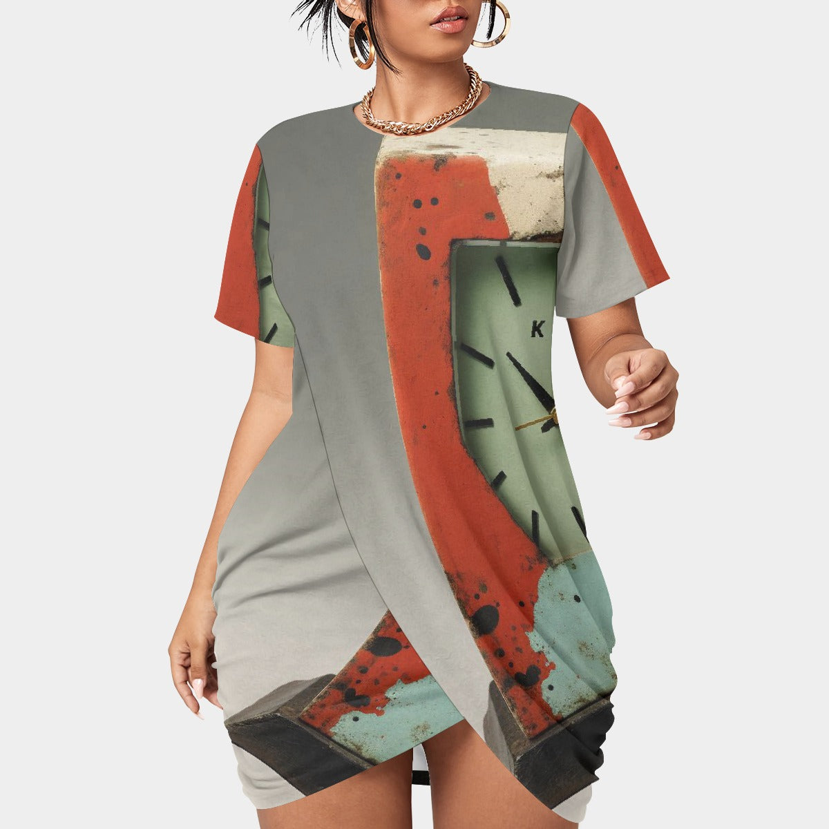 All-Over Print Women’s Stacked Hem Dress With Short Sleeve（Plus Size）