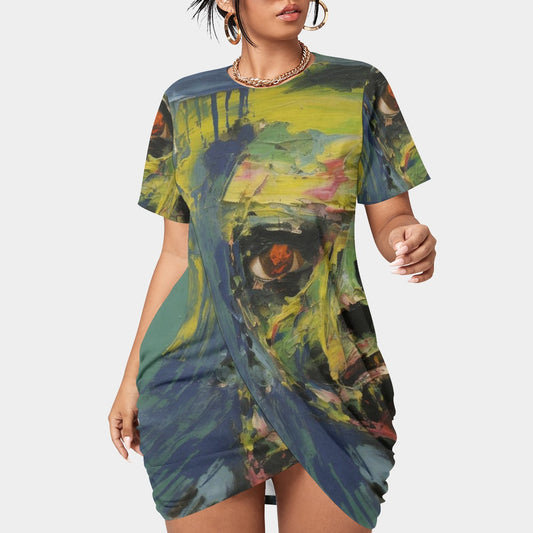 All-Over Print Women’s Stacked Hem Dress With Short Sleeve（Plus Size）