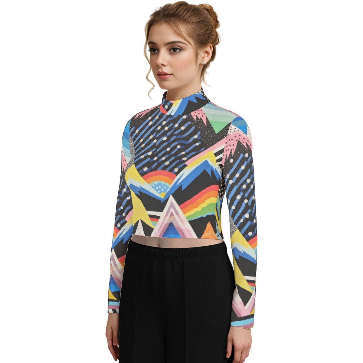 Eco-Friendly All-Over Print Women's Turtleneck T-shirt With Long Sleeve