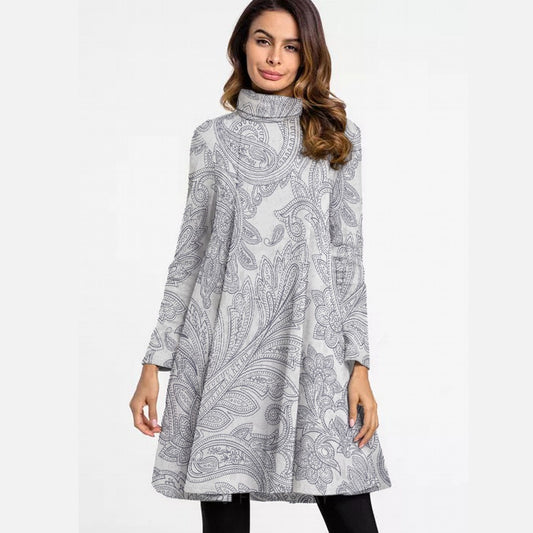 All-Over Print Women's High Neck Dress With Long Sleeve