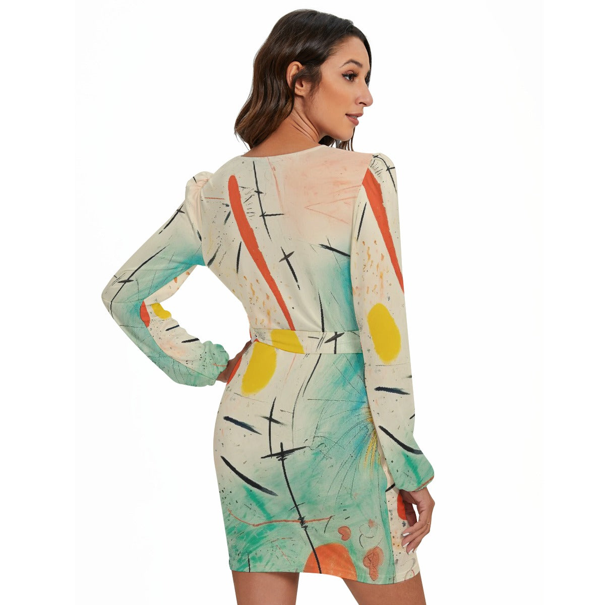 All-Over Print Women's Long Sleeve Dress With Waist Belt