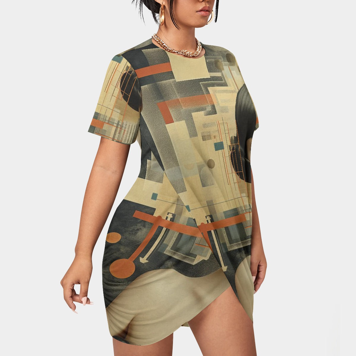 All-Over Print Women’s Stacked Hem Dress With Short Sleeve（Plus Size）