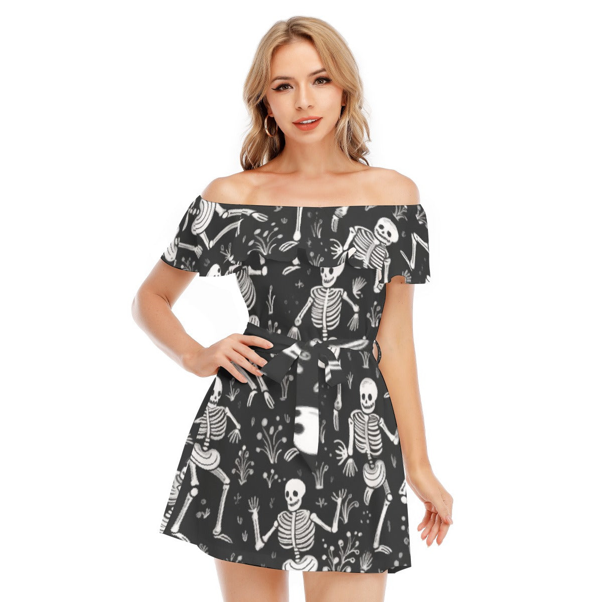 All-Over Print Women's Off-shoulder Dress With Ruffle