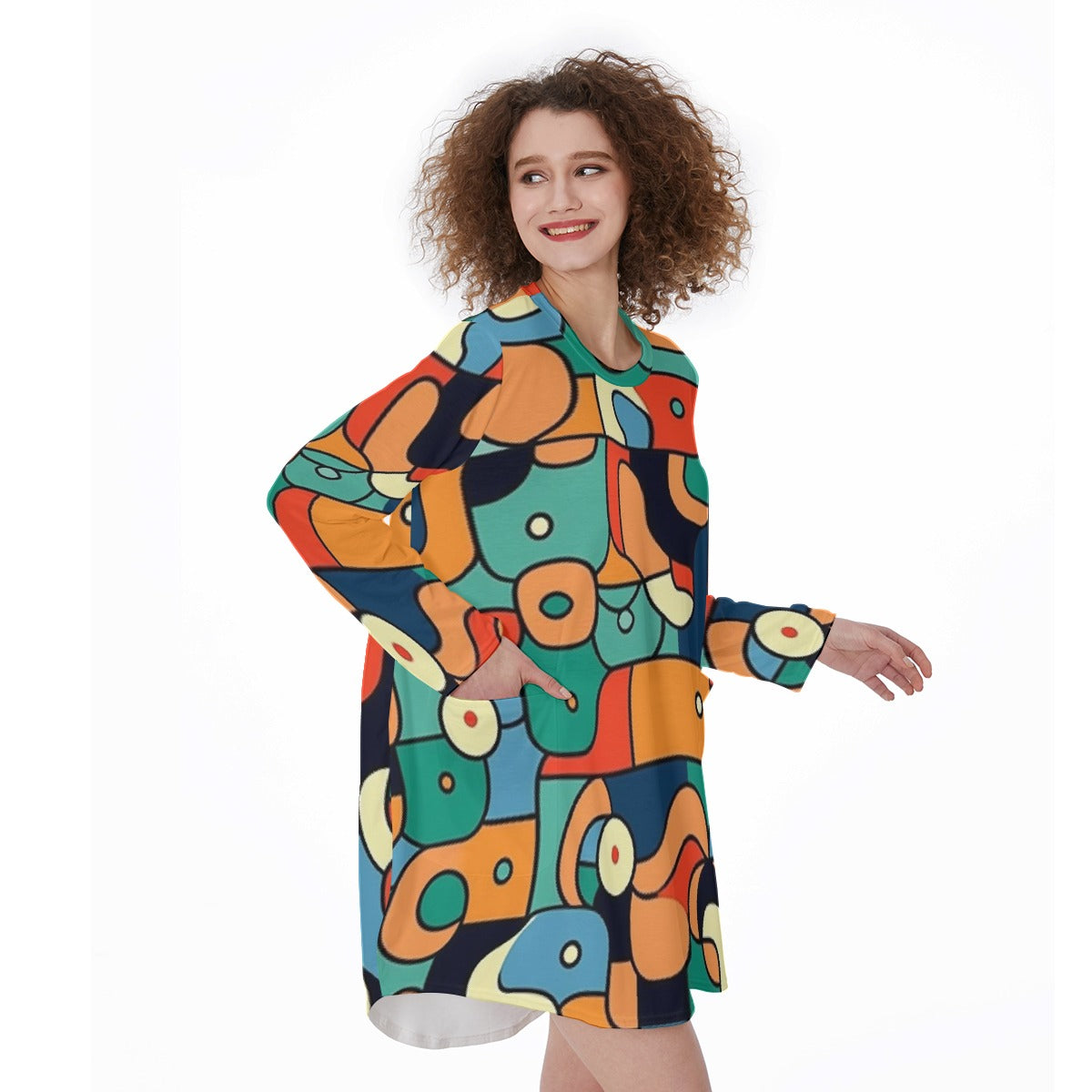 All-Over Print Women's Casual Loose Long Sleeve Dress With Pocket