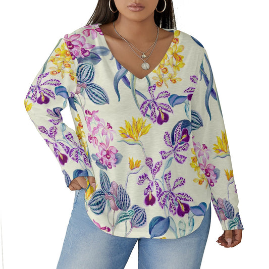 All-Over Print Women's V-neck T-shirt With Curved Hem(Plus Size)