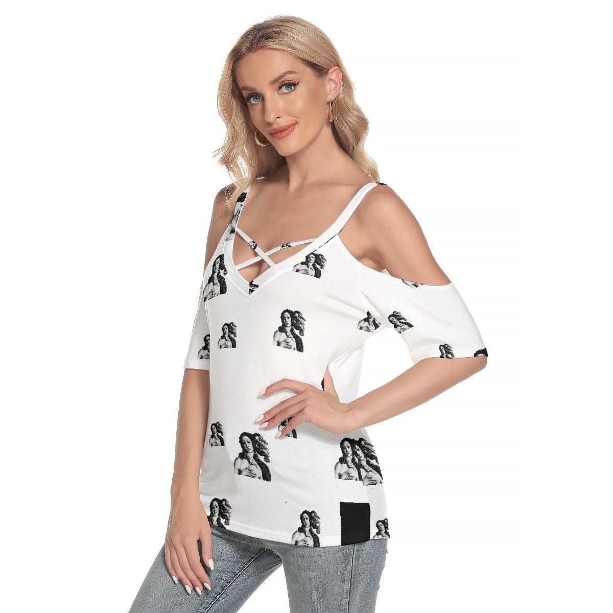 All-Over Print Women's Cold Shoulder T-shirt With Criss Cross Strips