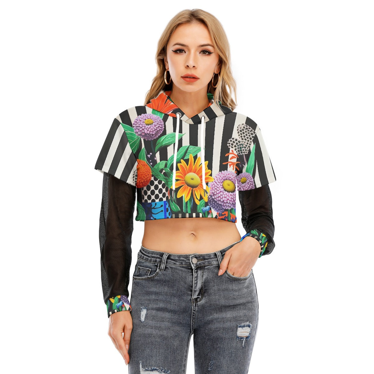 All-Over Print Women's Fake Two-piece Mesh Sleeve Cropped Hoodie