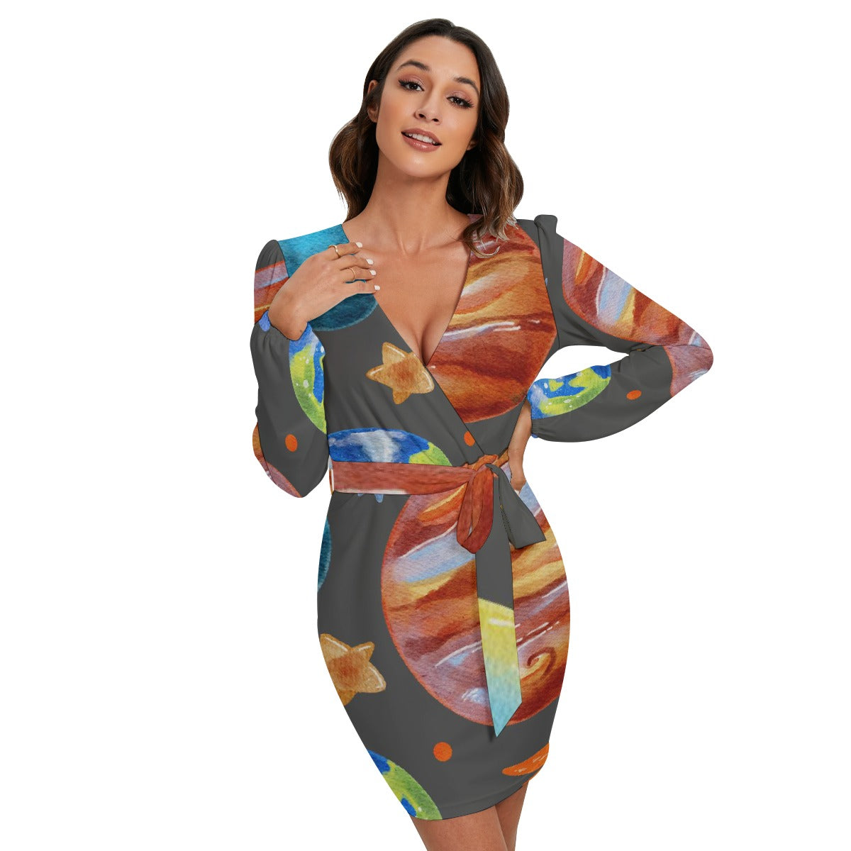 All-Over Print Women's Long Sleeve Dress With Waist Belt