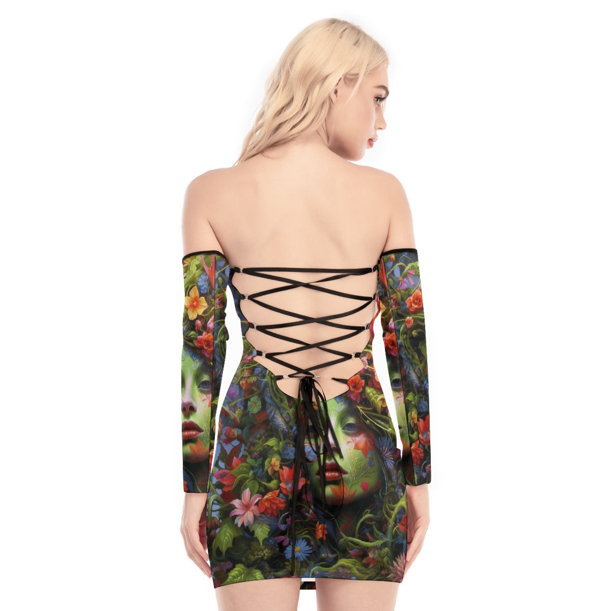 All-Over Print Women's Off-shoulder Back Lace-up Dress