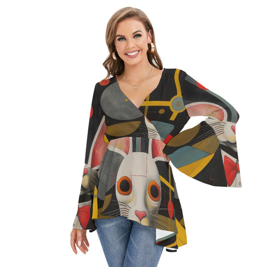 All-Over Print Women's V-neck Blouse With Flared Sleeves