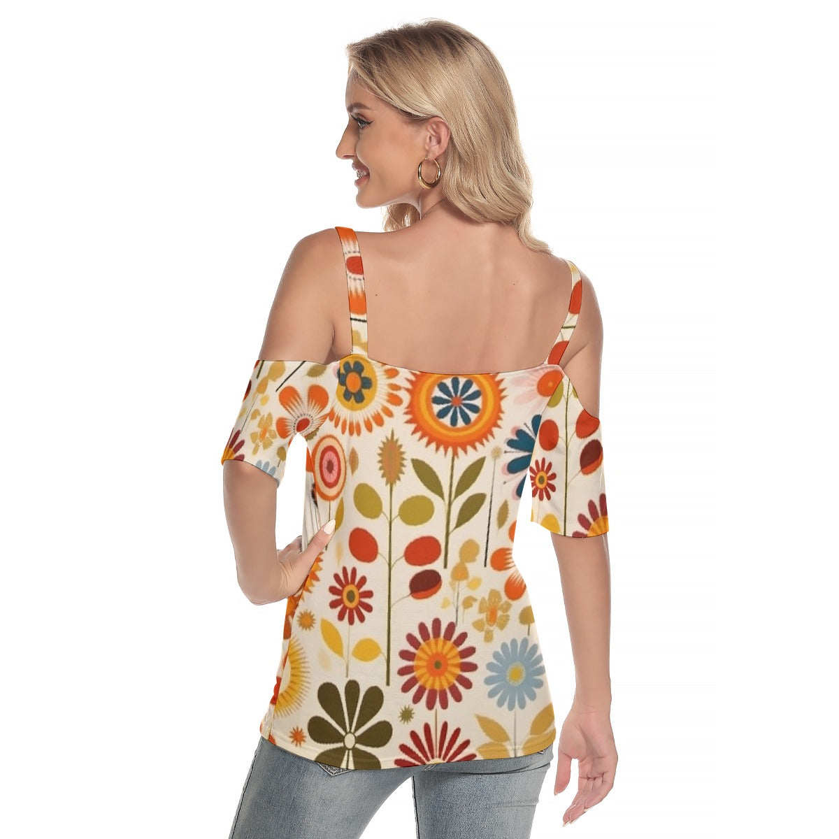 All-Over Print Women's Cold Shoulder T-shirt With Criss Cross Strips