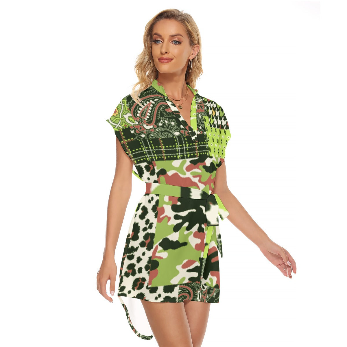 All-Over Print Women's Stand-up Collar Casual Dress With Belt