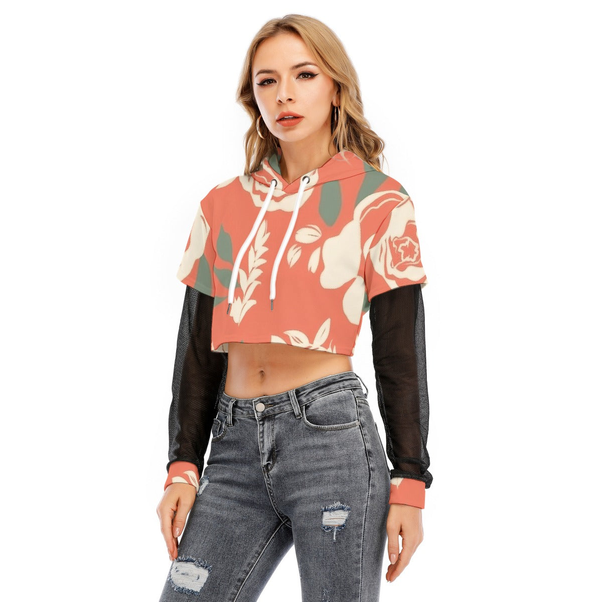 All-Over Print Women's Fake Two-piece Mesh Sleeve Cropped Hoodie