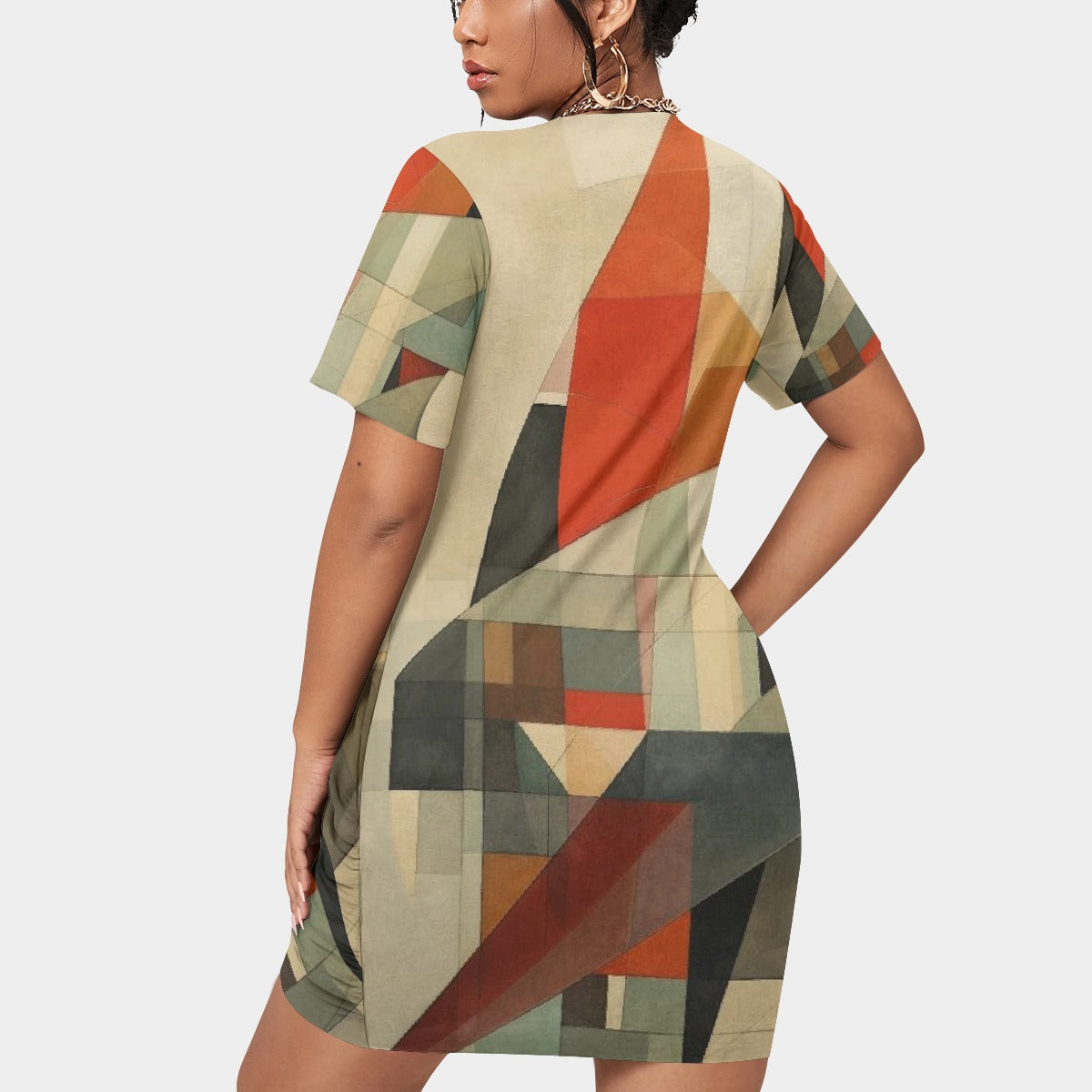 All-Over Print Women’s Stacked Hem Dress With Short Sleeve（Plus Size）