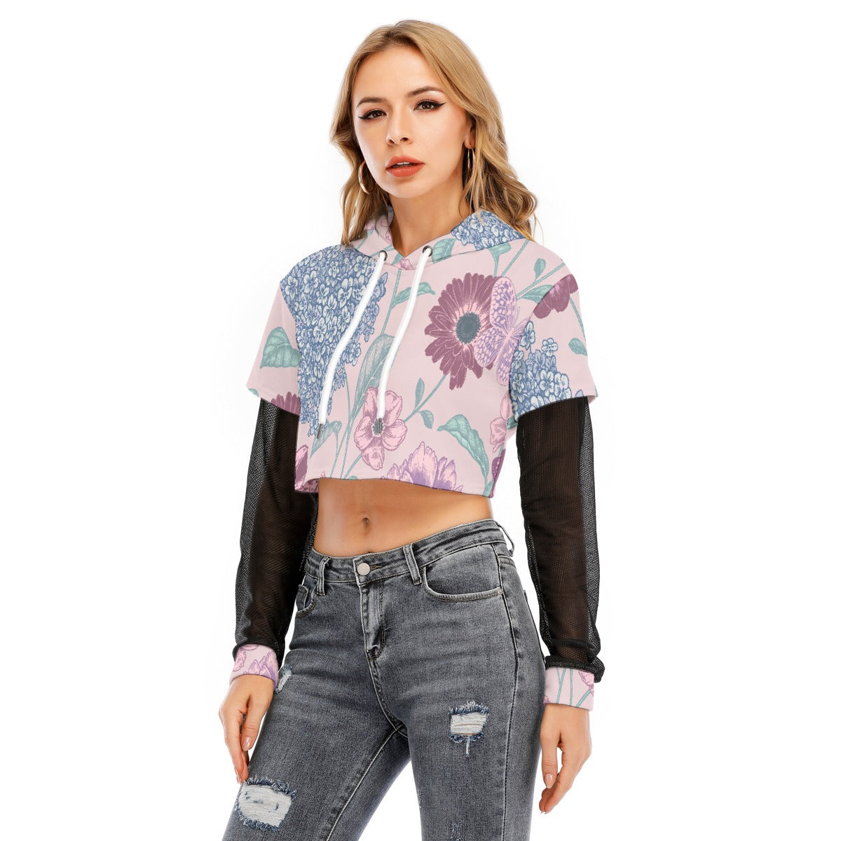 All-Over Print Women's Fake Two-piece Mesh Sleeve Cropped Hoodie