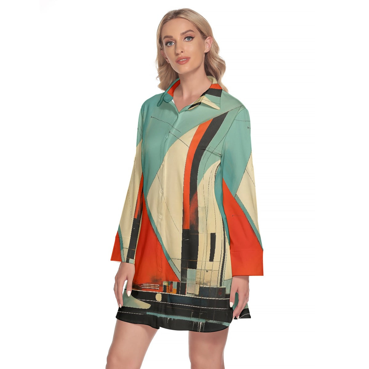 All-Over Print Women's Lapel Shirt Dress With Long Sleeve