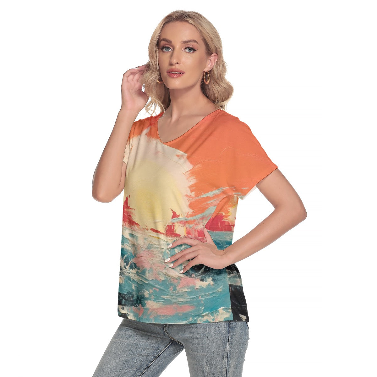 All-Over Print Women's Loose V-neck Short Sleeve T-shirt