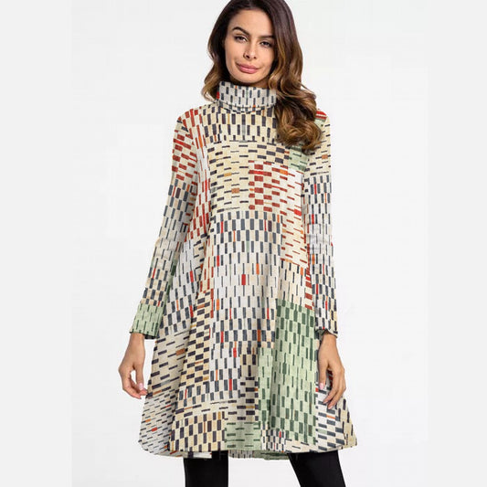 All-Over Print Women's High Neck Dress With Long Sleeve