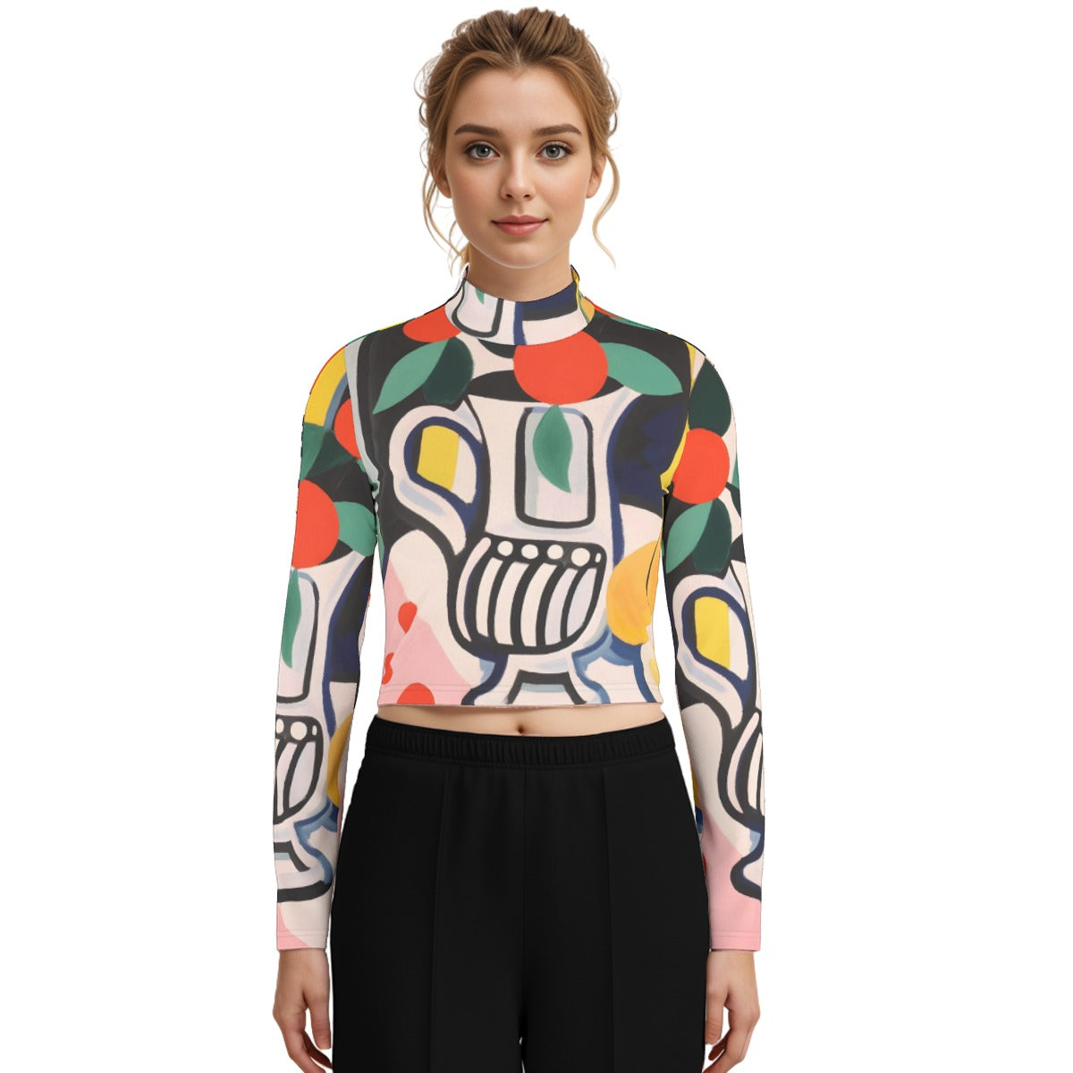 Eco-Friendly All-Over Print Women's Turtleneck T-shirt With Long Sleeve